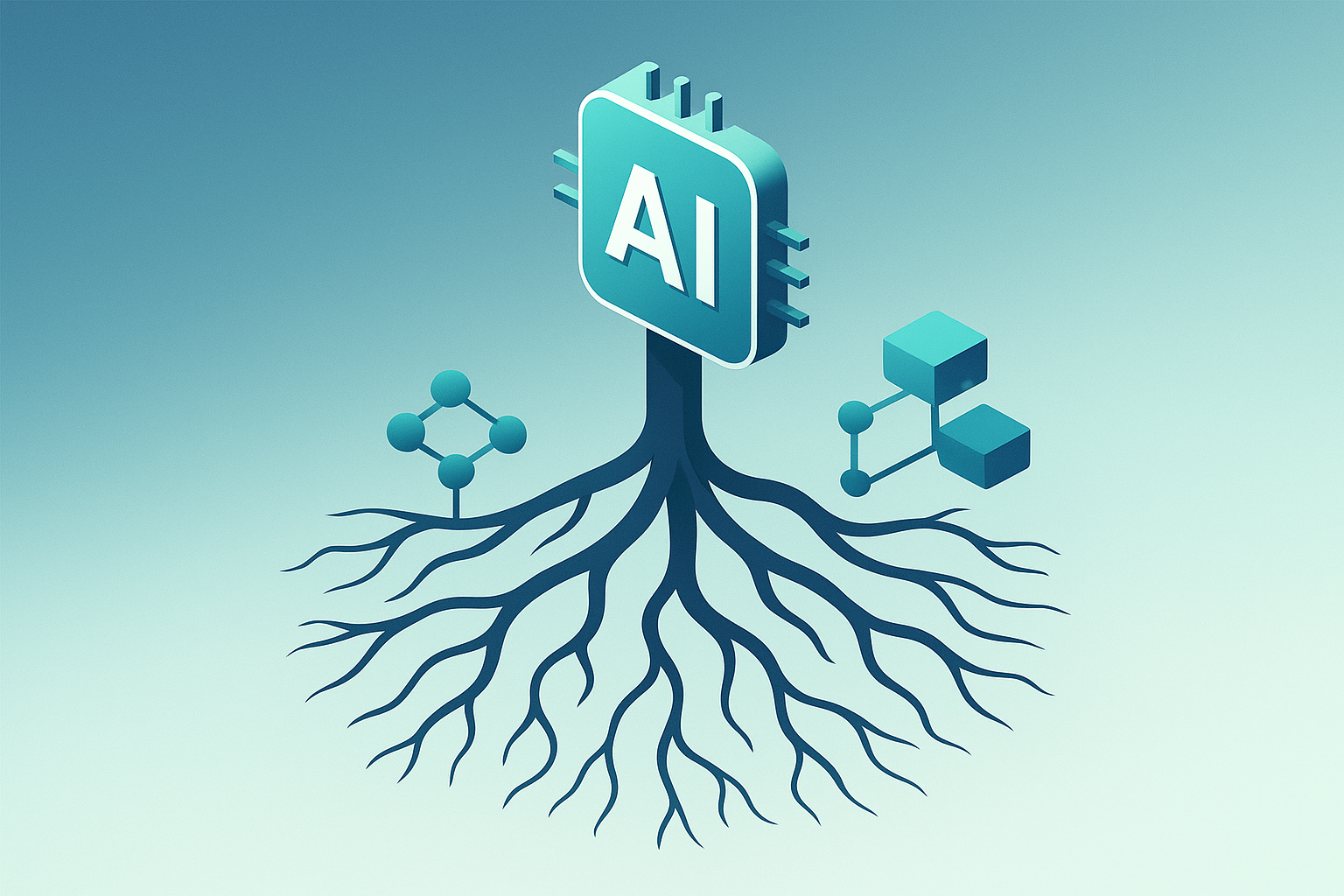 Roots growing into stable AI structures symbolizing accessibility