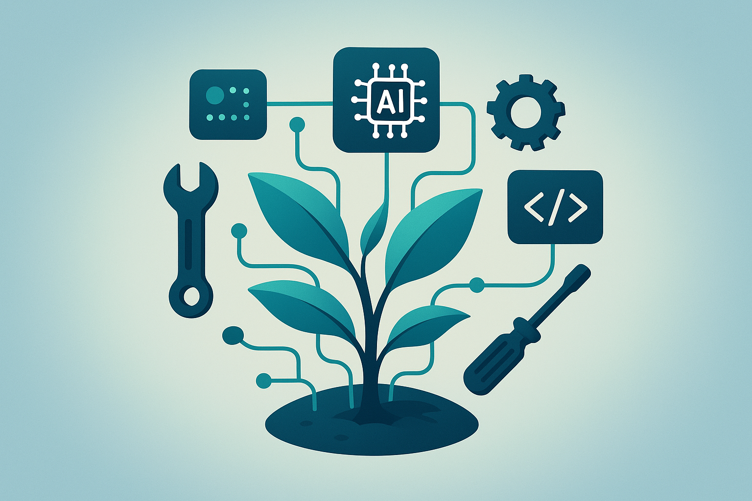 Flourishing ecosystem with interconnected tools and growth in AI