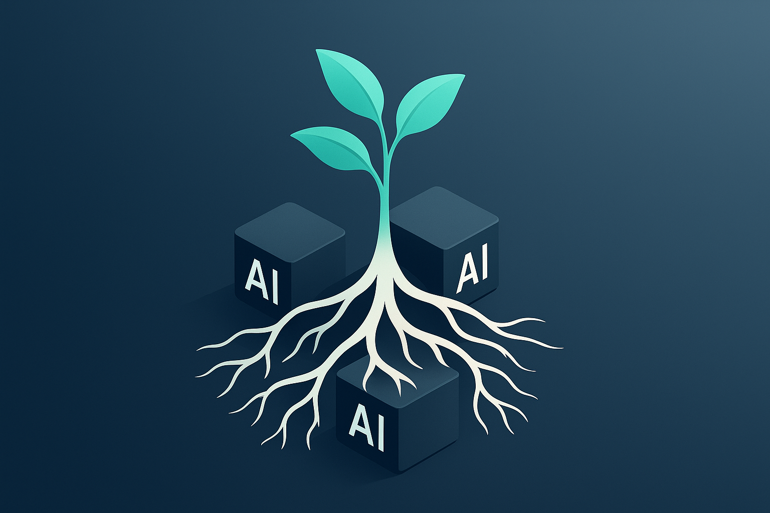 Roots growing into stable AI structures symbolizing accessibility