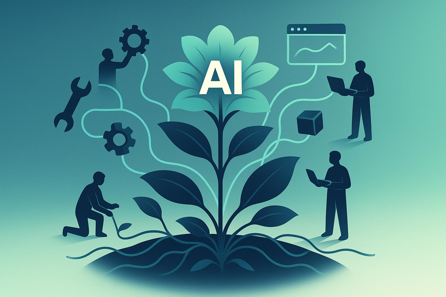 Flourishing ecosystem with interconnected tools and growth in AI