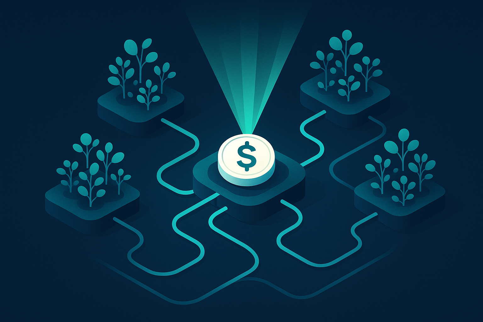 Illustration of a digital ecosystem with interconnected clusters