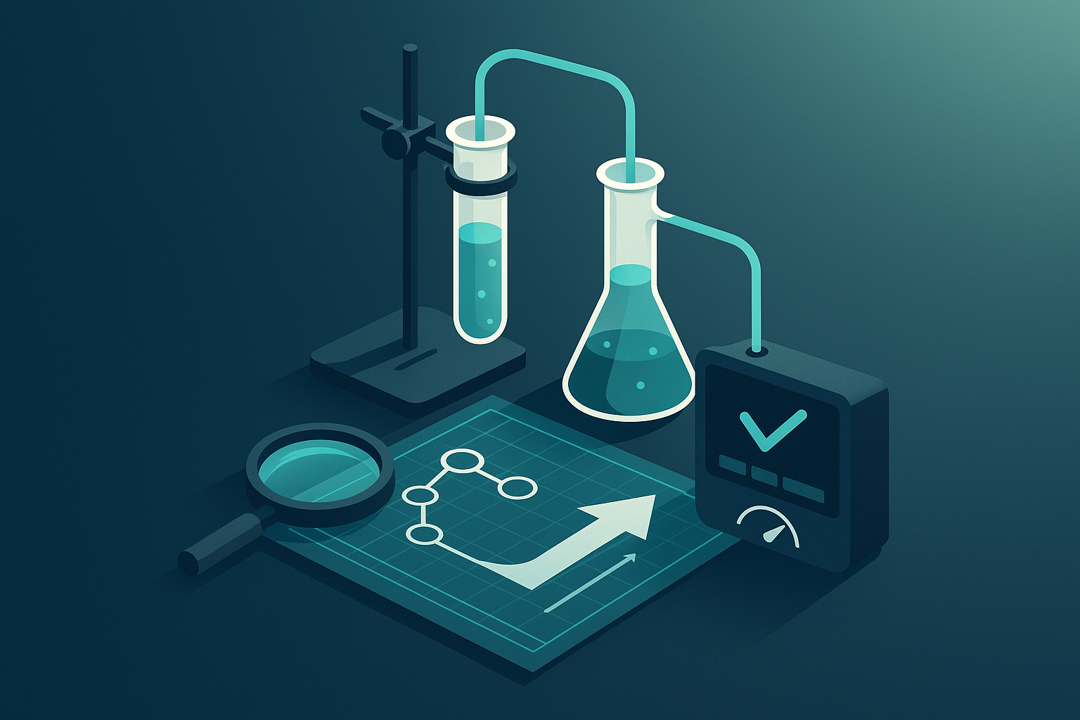 Schematic of AEO testing process in blueprint style