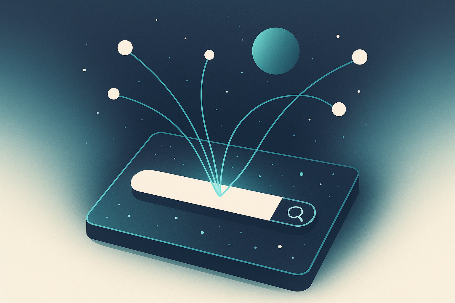 Cosmic illustration of a search interface showing source selection by generative engines