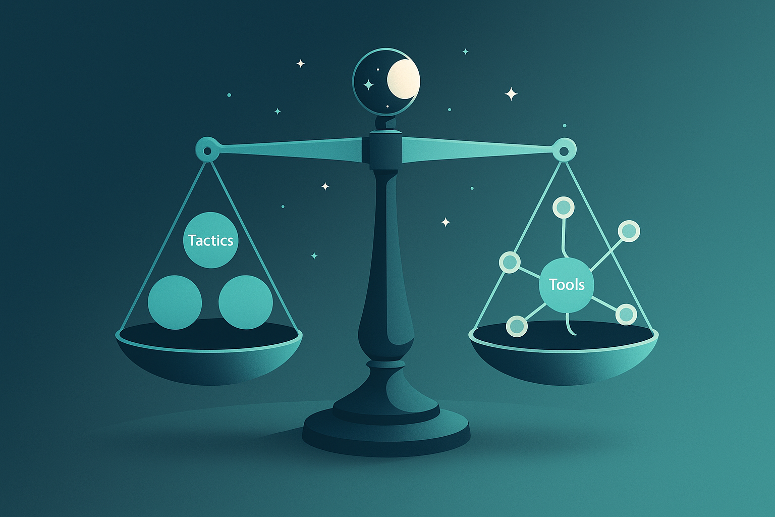 Celestial balance scale illustration comparing GEO tactics and tools